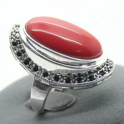 

Free Shipping 17X30mm Red Coral 925 Sterling Silver Marcasite Ring Size 7/8/9/10