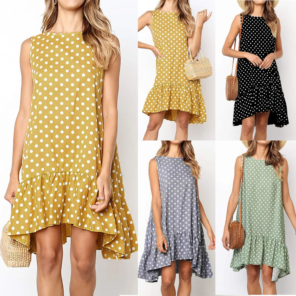 Женское платье без рукавов с оборками и круглым вырезом летнее повседневное