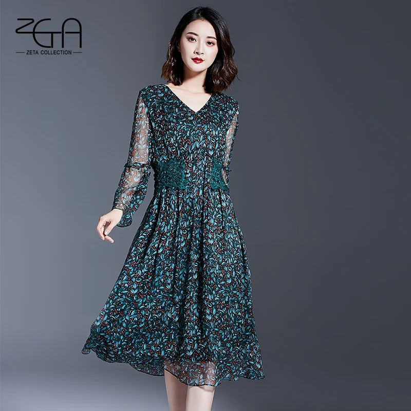 2017 весна Темперамент v-образным вырезом печатных чистого шелка длинный dress