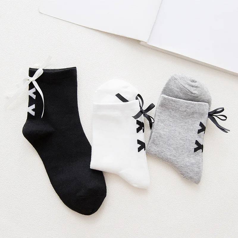 Japan Style Bandage Bow Women Cotton Skateboard Socks Funny Customized Hipster Creative Solid Casual Female Sox | Женская одежда