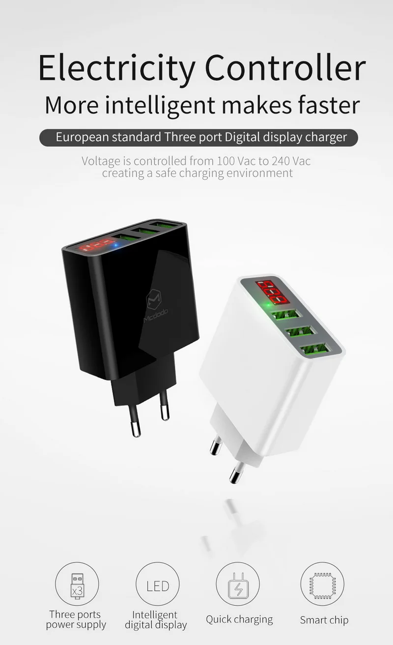 MCDODO 15 Вт светодиодный дисплей 3 USB зарядное устройство для мобильного телефона для iPhone samsung портативный универсальный Быстрая зарядка USB настенный адаптер для путешествий EU
