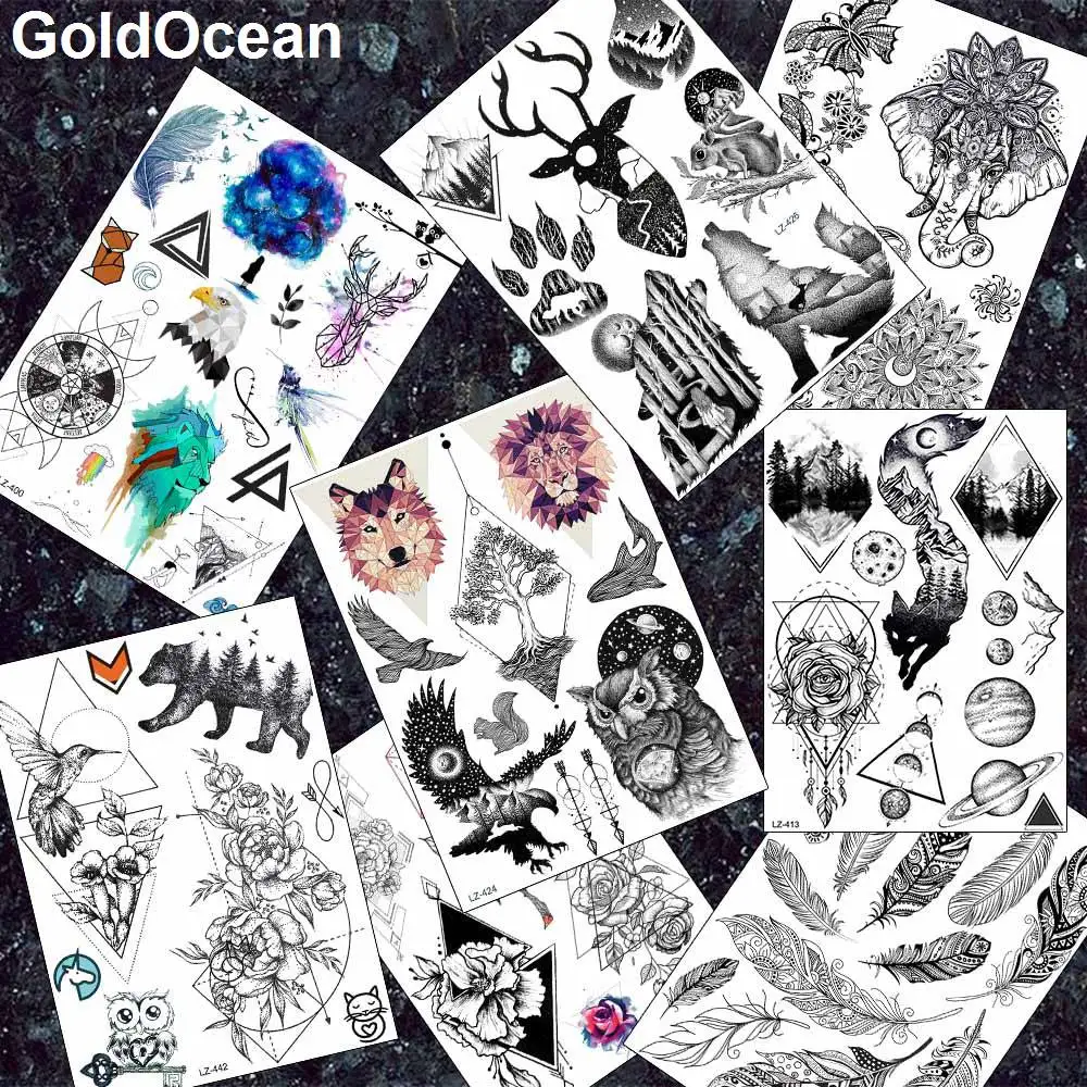 

3D временная татуировка черного лося, Волчья лапа, бумажные наклейки, поддельные животные, Сова, дерево, Foream, Женская татуировка, мужской боди...