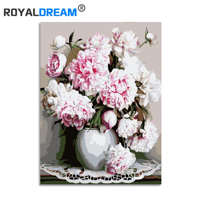 Цветочная ваза ROYALDREAM пион DIY обрамленная картина маслом по номерам полотно