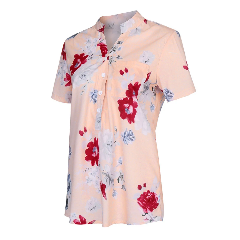 Женская летняя блузка с цветочным принтом и карманами размера плюс короткий