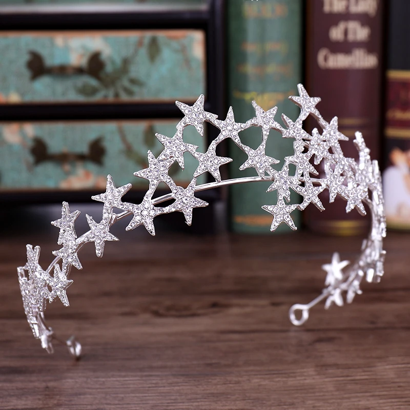 Модные серебряные женские украшения для волос со звездами и стразами диадема
