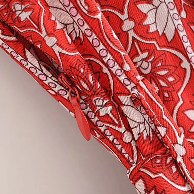 Женский красный комбинезон с широкими штанинами и принтом без рукавов на молнии