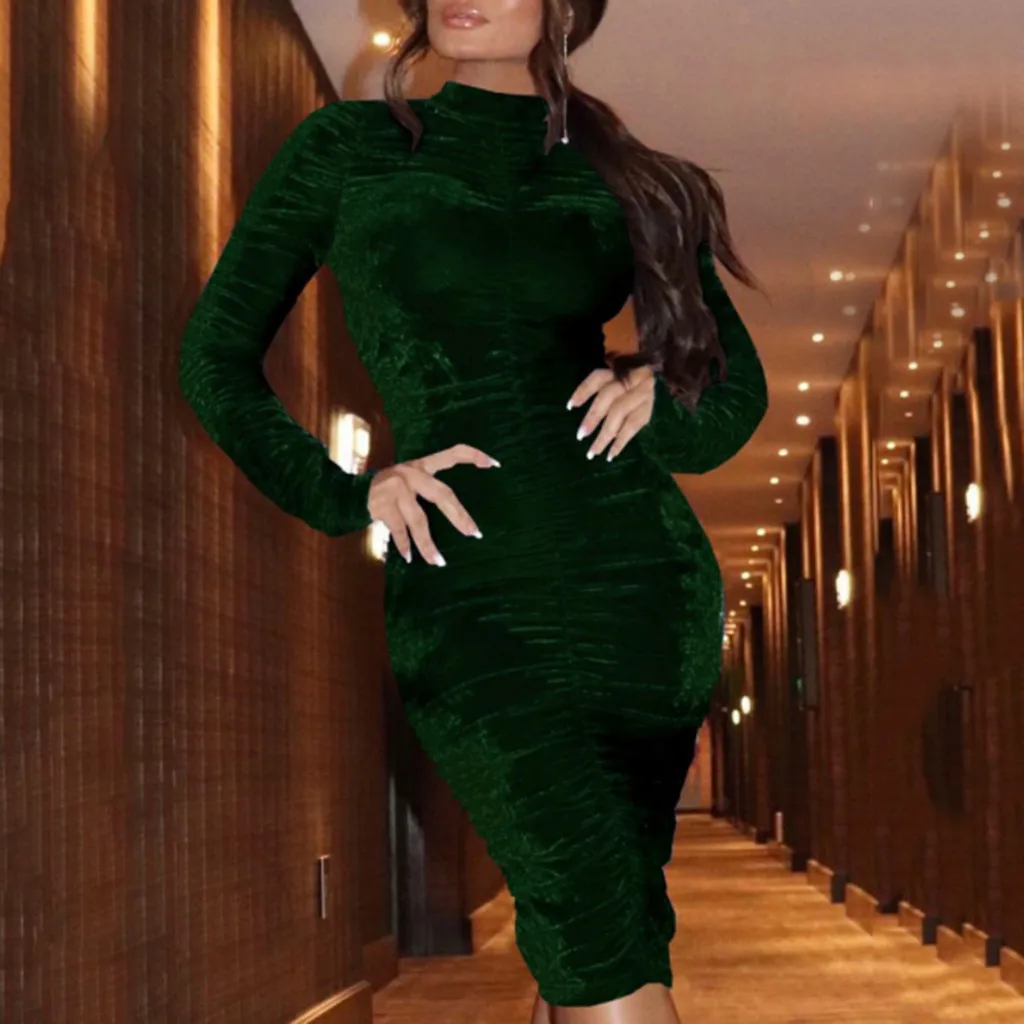 Модные женские туфли платье Vestido Invierno Зимние Женские однотонные с высоким, плотно облегающим шею воротником облегающее платье с рюшами, вечернее платье в обтяжку ягодицы платье красные платья для женщин