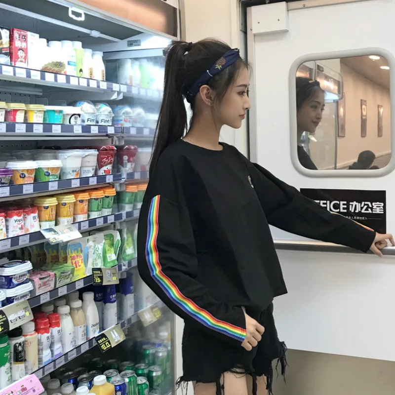 Милая Радужная полосатая футболка с вышивкой для девочек Harajuku модные женские