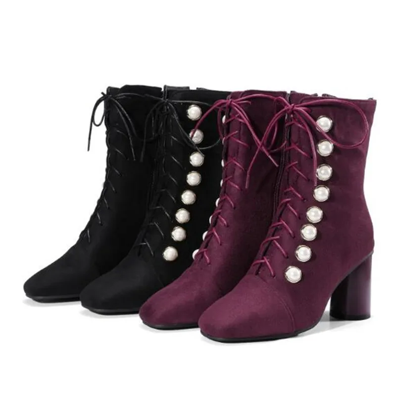 Autumn and winter New style fashion black sexy Pearl rivet Square head High-heeled Short boots Cashmere Keep warm Women Boots