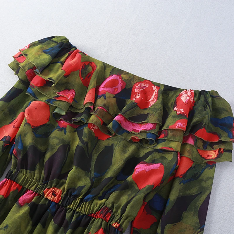 Цветочный принт женское платье эластичным поясом Сексуальная с плеча ботильоны