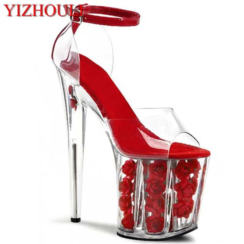 romantic crystal rose bride wedding shoes 20cm ultra high heels platform sandals cos 8 inch high Dance Shoes