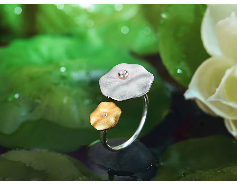 Lotus Fun Real 925 Sterling Silver Natural Gemstone Handmade Designer Fine Jewelry Morning Dew on Lotus Leaves Rings for Women
