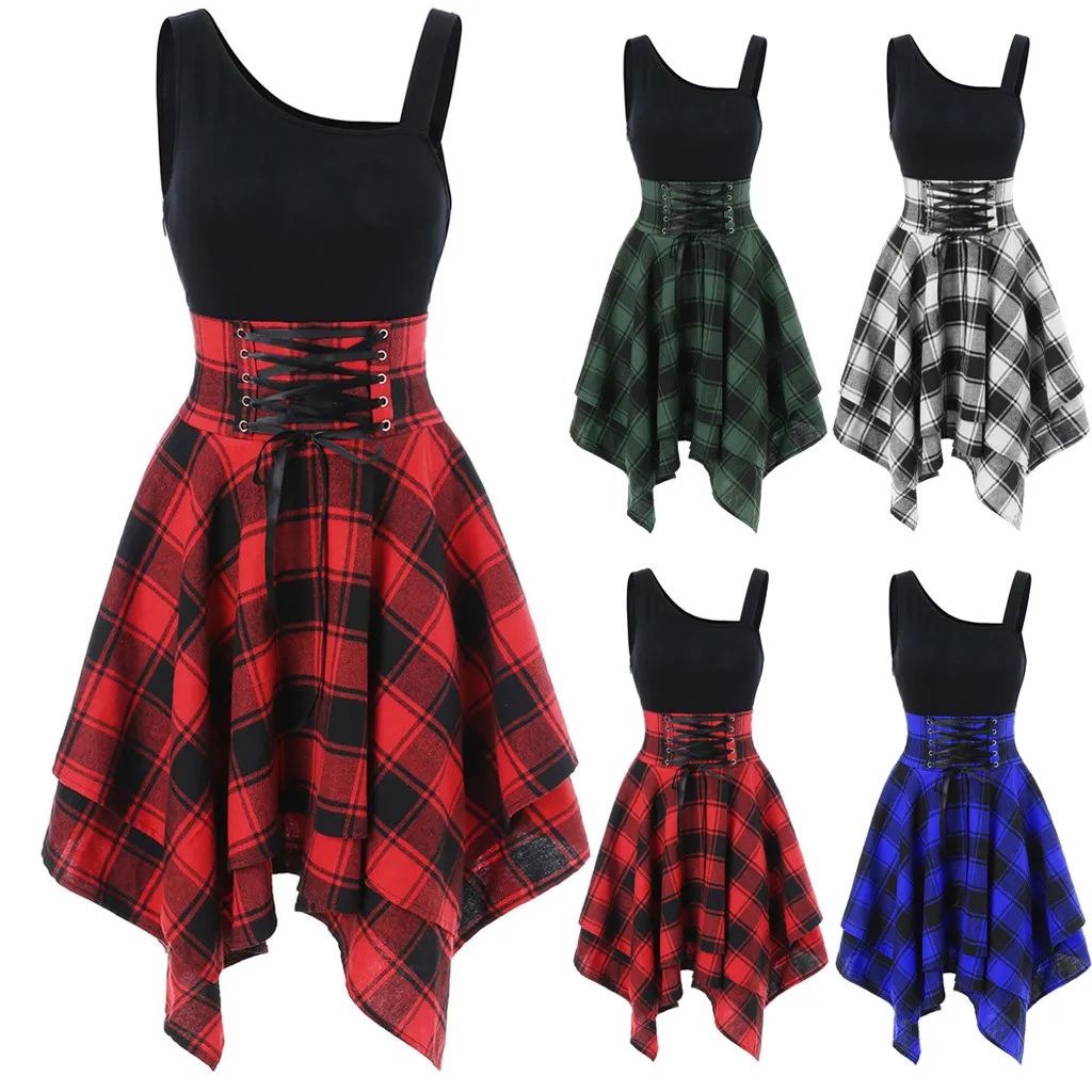Sleeveless strapless cross strap plaid Dress print irregular dress sexy Club Fashion Women Shoulder Lace Up Party Evening 5.28 | Женская