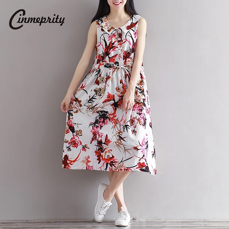 2017 лето винтаж мода дамы рукавов хлопок и лен dress свободные lovely середины икры