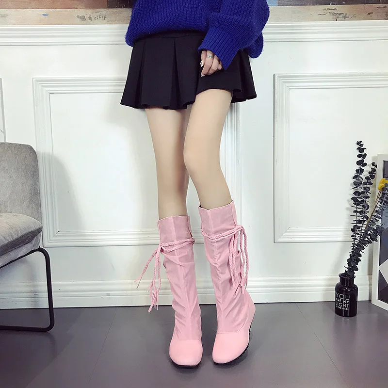 Pink Sooneeya/розовые сапоги до середины икры с бахромой женские зимние сапоги со складками женские зимние сапоги обувь на высоком каблуке размер 35-43, Bota Feminina - Цвет: Pink