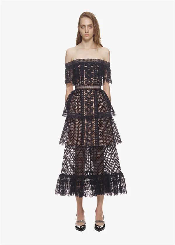 

HIGH QUALITY 2021 Summer Women's Sexy Slash Neck Slim Lace Dress Hollow Out Elegant Work Vestido Casual Evening Party Dresses