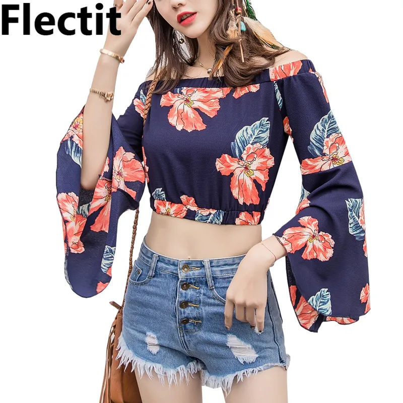 Женский укороченный топ с открытыми плечами длинным Расклешенным рукавом и