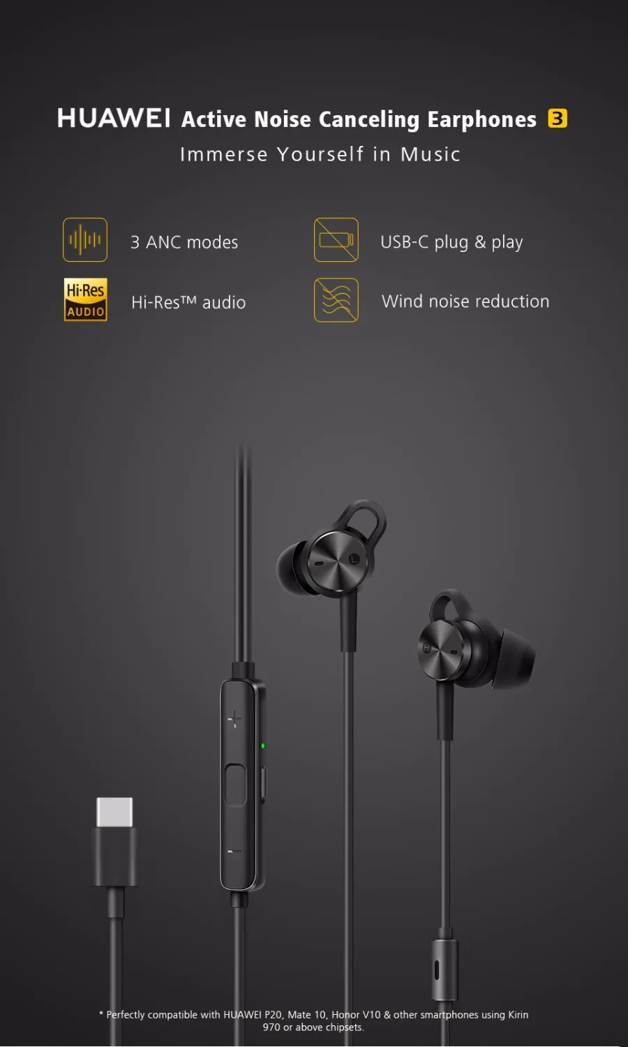 HUAWEI активные наушники с шумоподавлением 3 режима ANC Hi res аудио USB C Plug & Play|Наушники и