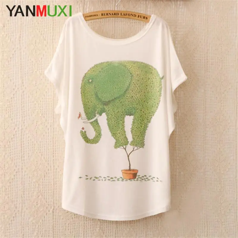 New 2017 summer T shirt women style thin plus size loose batwing sleeve women's T-shirt cat kiss Fish print Top Tees | Женская