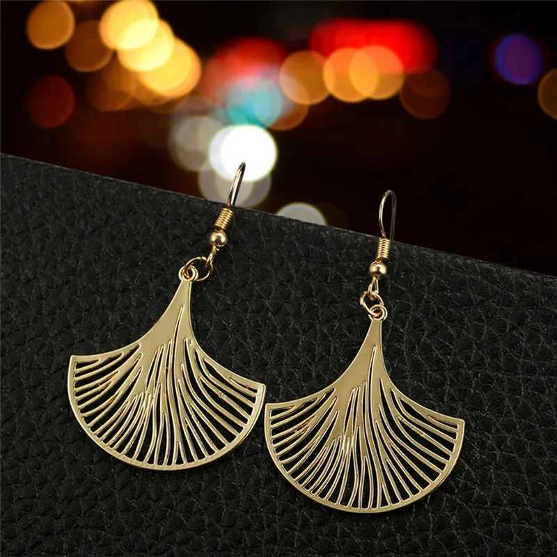 Vintage Big Plant Leaf Pendant Earring Jewelry Hollow Out Ginkgo Biloba Popular Gold Gift For Women | Украшения и аксессуары