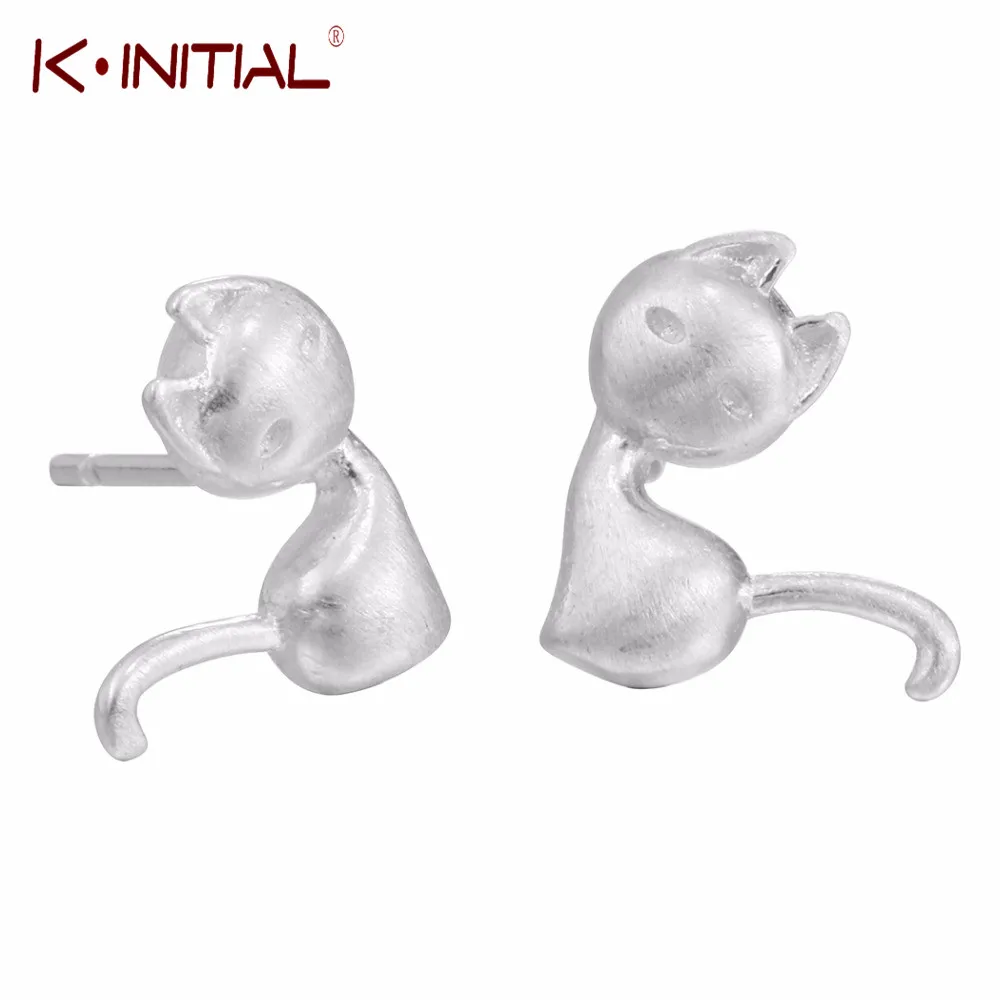 Kinitial Silver Color Animal Cat Earrings For Women Girl Kitty Stud Earring Fashion Jewelry Pendientes Brincos Small | Украшения и
