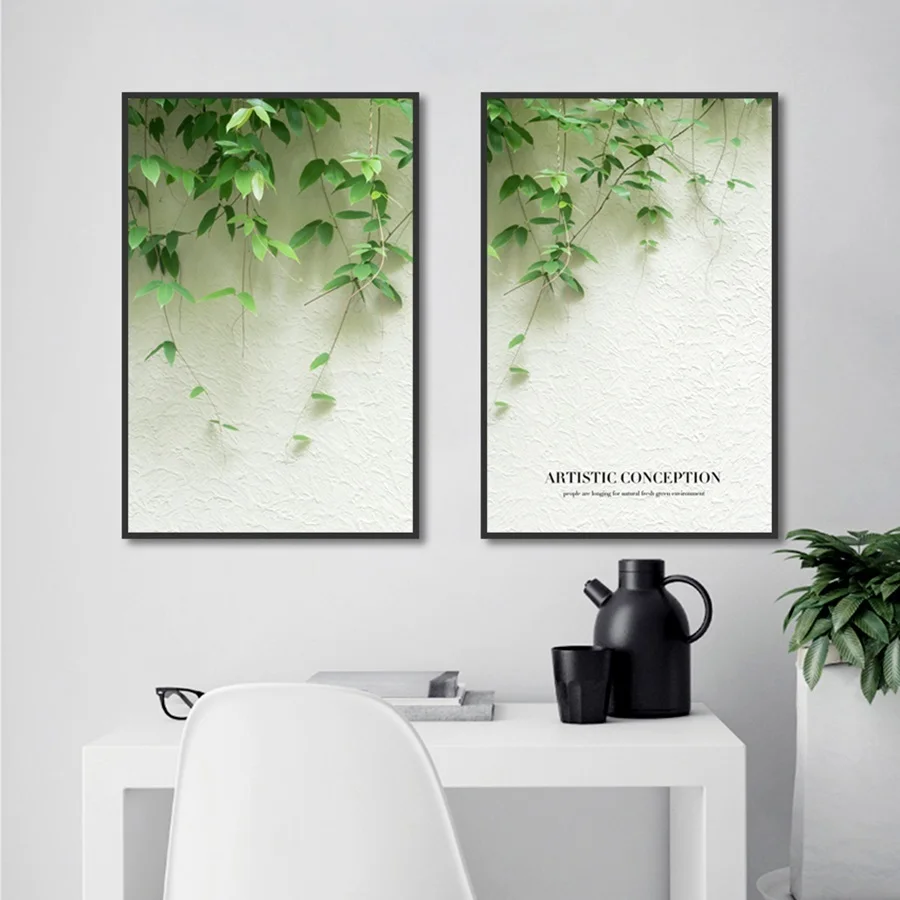 Простая Скандинавская картина с маленькими свежими зелеными листьями модульные