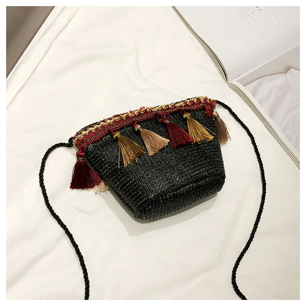 Пляжная сумка в богемном стиле модная женская соломенная на плечо плетеная