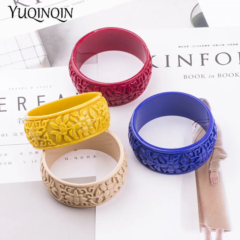 

Trendy Resin Cuff Engraved Flowers Bracelets Bangles for Women Fashion Acrylic Round Bracelet Female Simple Charm Party Jewelry