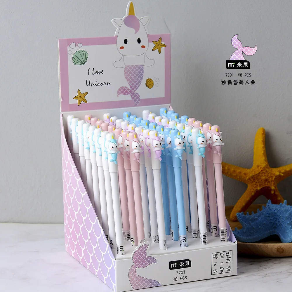 Шт. 48 шт. гелевые ручки Русалка Единорог черный цветной kawaii подарок гелевые чернила ручки для письма милые канцелярские принадлежности Школьные принадлежности
