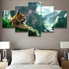 Постер для гостиной с HD-печатью, современная картина на стену, 5 панелей, тигр и Гора, водопад, украшение для дома, картины, рамки