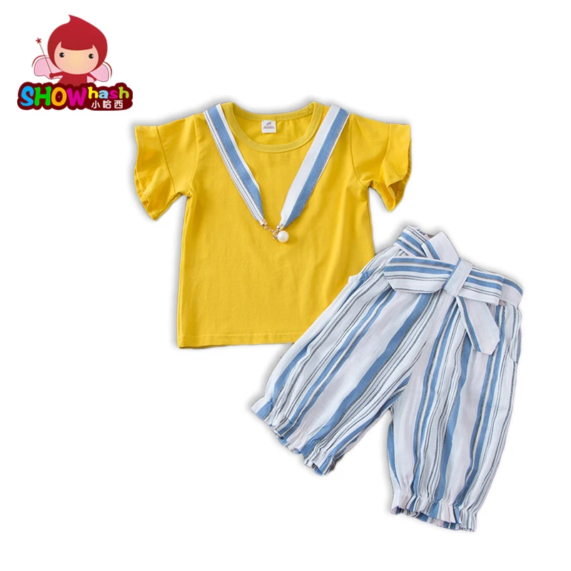 SHOWHASH Summer Baby Girl Clothes Kids Butterfly Short Sleeved Cute Sets T-shirt With Pearl + Stripped Bow Pants XA1002 | Детская одежда