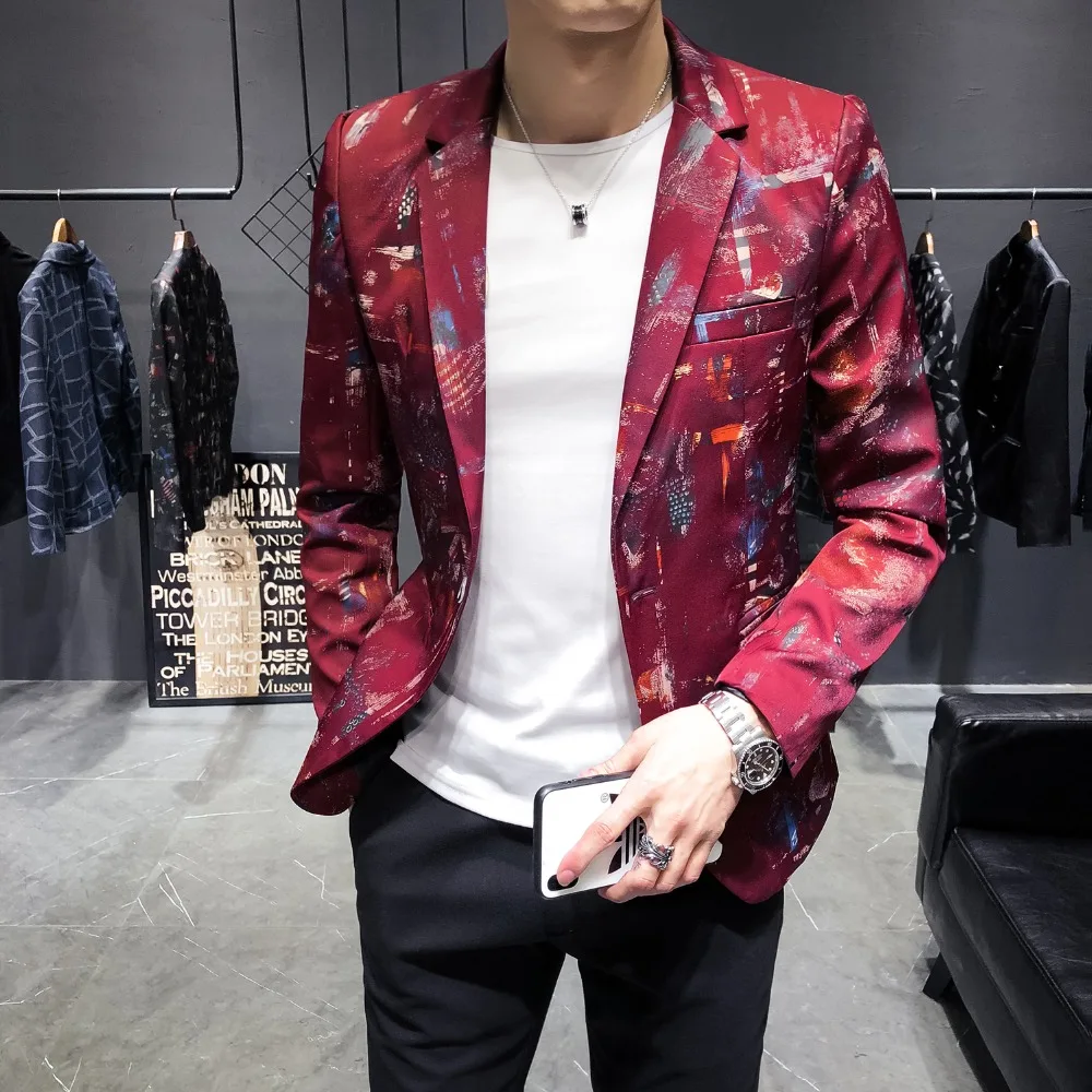Цвет красного вина повседневный мужской блейзер Slim Fit сценические вечерние
