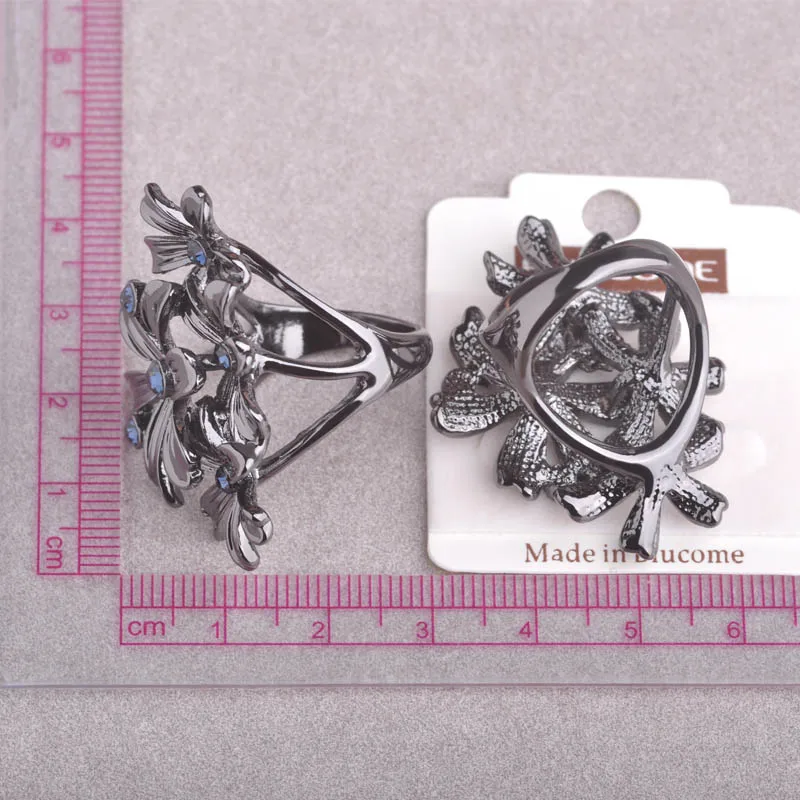 Женское кольцо с цветком Blucome черное синими кристаллами вечерние аксессуары|fashion