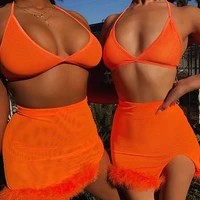 women solid fluffy camis top mesh skirts 2 piece set female orange see through short mini skirt sexy ladies matching outfits two