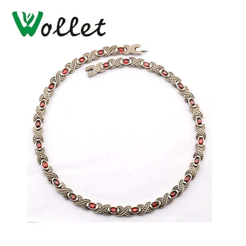 

Wollet Jewelry Pure Titanium Bio Magnetic Necklace For Women Men Silver Color Magnet Healing Health Energy Red Crystal Stone