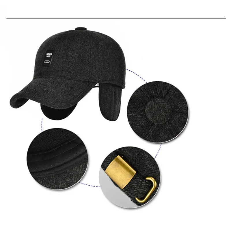 XdanqinX Snapback кепка зимняя мужская теплая шапка среднего возраста шерстяная Толстая бейсболка s с ушками регулируемый размер наушник Кепка для мужчин
