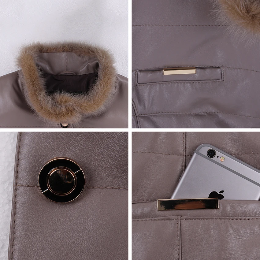 JEPLUDA New Fashion Women's Leather Jacket Of Real Sheepskin Women's Leather Coat Stand Collar Of Natural Fur Mink Windbreaker