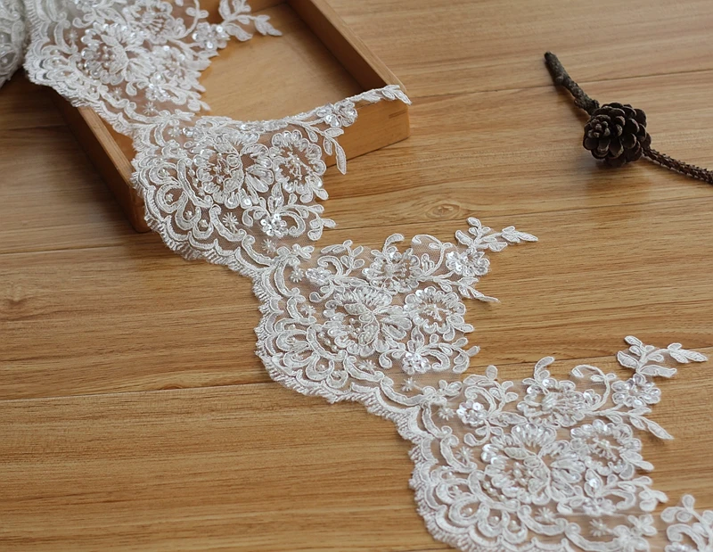 

Ivory Alencon Lace Trim High Quality Hand Made Beaded Sequined Wedding Lace Trim Embroidered Retro Lace Bridal 7.49'' Wide 1yard
