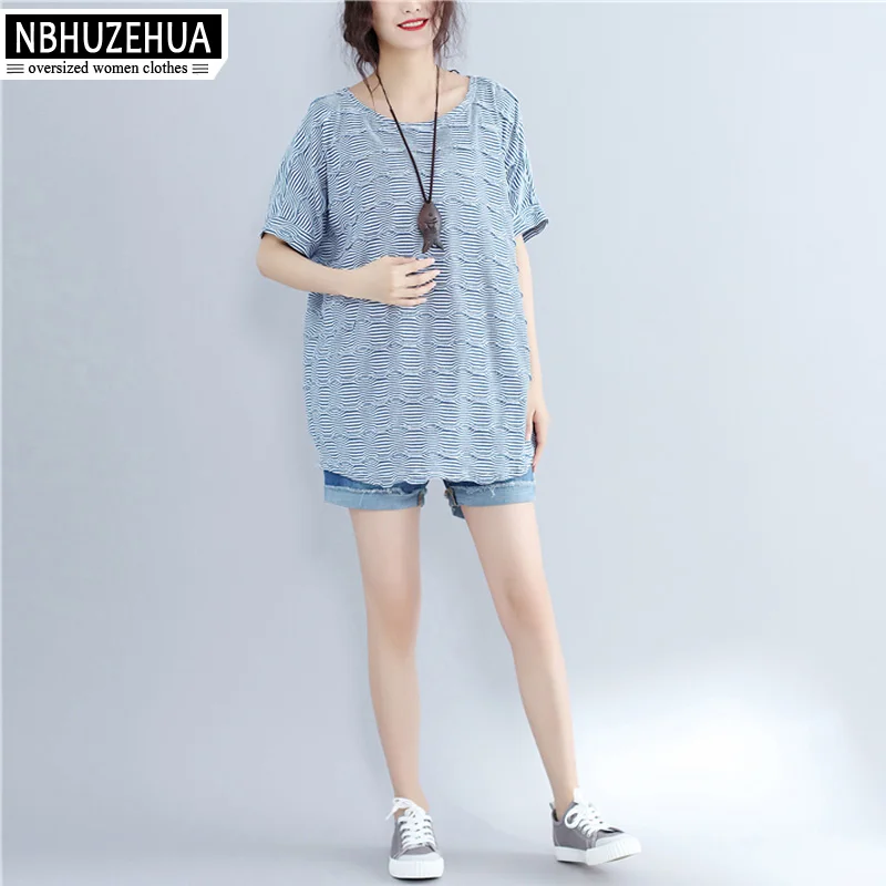 NBHUZEHUA T949 4XL 5XL 6XL Летняя женская футболка с круглым вырезом в полоску хлопковая