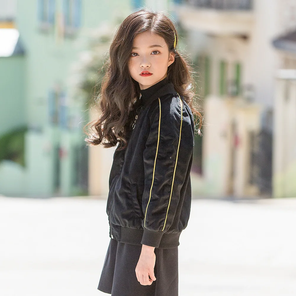 kids &amp teenager girls long sleeve black velvet casual fall winter bomber jacket coat children fashion velour outerwear clothing | Детская