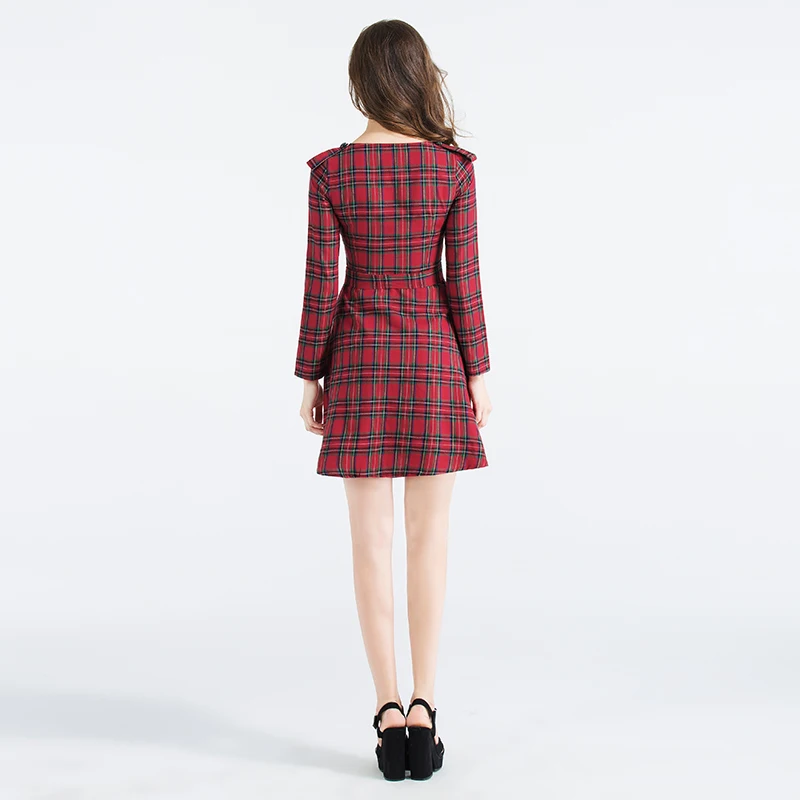 2017 Casual Dress Полоса Решетки Вокруг Шеи длинным Рукавом Талии Чтобы Показать Тонкие