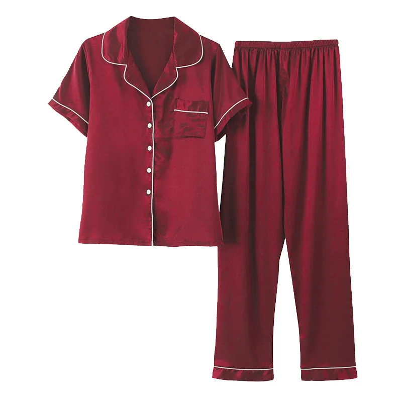 Burgundy Женский пижамный комплект Fallsweet, шелковая однотонная пижама с V-образным вырезом, набор одежды для сна, размер 5XL - Цвет: Burgundy
