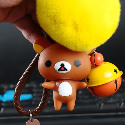 Мультфильм Rilakkuma Медведь коричневый кролик животных мех помпоны брелок для женщин кожа брелок металлические брелки для ключей ключи от машины сумка Подвеска Шарм D92