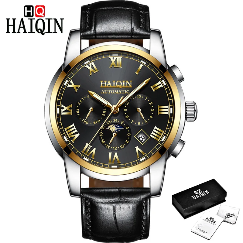 Black Gold L-Black HAIQIN мужские часы, мужские часы, новые механические мужские часы, роскошные черные модные спортивные часы, водонепроницаемые военные мужские часы - Цвет: Black Gold L-Black