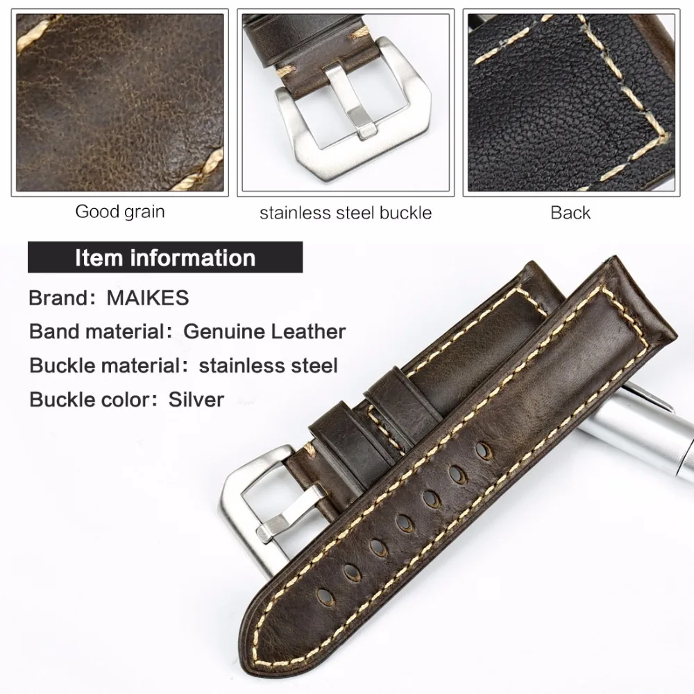 MAIKES Watch Accessories Vintage Genuine Leather Strap 20mm 22mm 24mm 26mm Watchband Special Green Band For Panerai | Наручные часы