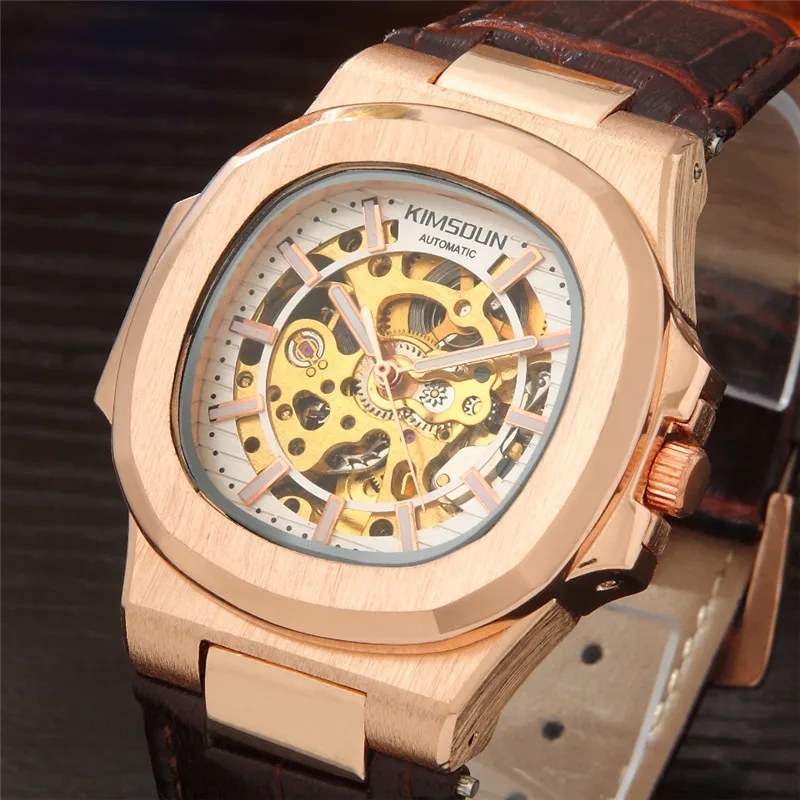 

KIMSDUN Top Brand Fashion Design luxury Men Watches Leather Strap Stainless Steel Bezel Automatic Mechanical Watch montre homme