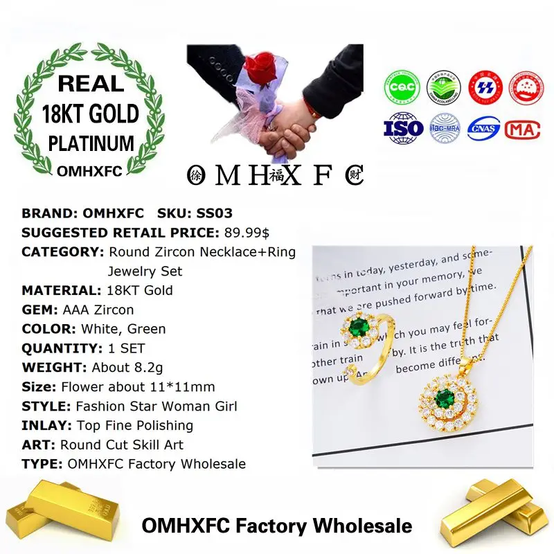 Omhxfc товары по оптовым ценам, европейские модные женские Девушка Вечерние День рождения Свадьба Подарок Круглый Циркон 18KT золото Цепочки и ожерелья+ кольцо комплект ювелирных изделий SS03