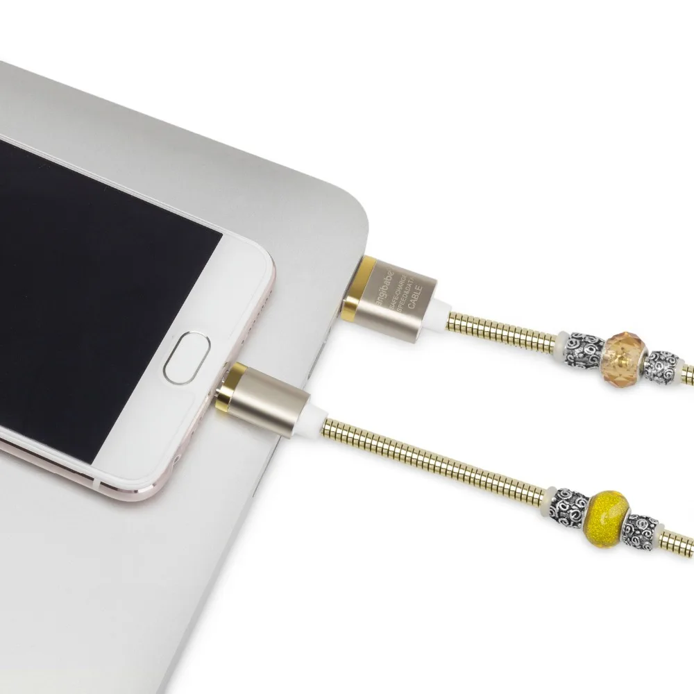 (Золотой) ANGIBABE провод пружинный USB кабель 2A 1 м DIY инкрустированный Алмазный