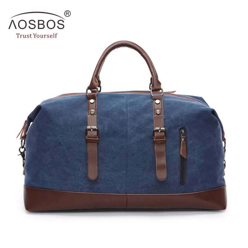 

Dropship AOSBOS Canvas Leather Men Travel Bags Carry on Luggage Duffel Bags Travel Tote Large Weekend Overnight Male Handbag