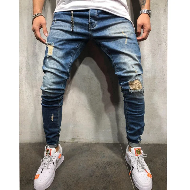 Мужские рваные потертые джинсы облегающие брюки в стиле хип хоп с нашивками из
